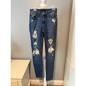 Judy Blue Womens Distressed Skinny Jeans Lace Crochet Inset  Size 1 / 25